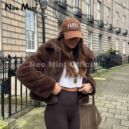 Neo Mint Cool Street Girls Fashion Brown Faux Fur Jacket Women Luxury Fake Mink Fur Coat 2025 Autumn Winter Warm Short Overcoat