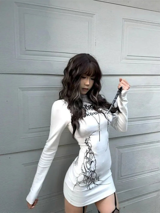 Women's Punk Print Long-Sleeve Hip Dress