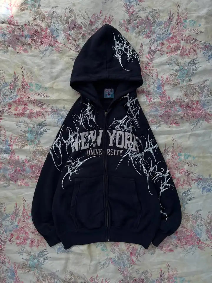 Women's Gothic Minimalist Graffiti Zip-Up Hoodie