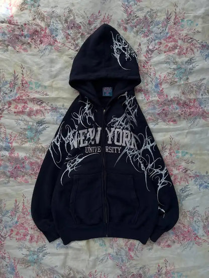 Women's Gothic Minimalist Graffiti Zip-Up Hoodie