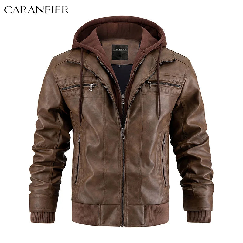 CARANFIER Men PU Leather Jacket Male Moto Biker Hooded Luxury Coats Clothing Faux Vintage Outerwear Chaqueta Hombre Dropshipping