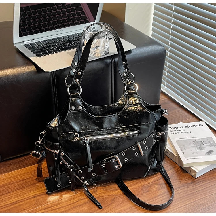 Fashionable Large Capacity Rivet Street Style Women's Tote Bag Shoulder Crossbody Bag Durable Polyester  Commuter Bag