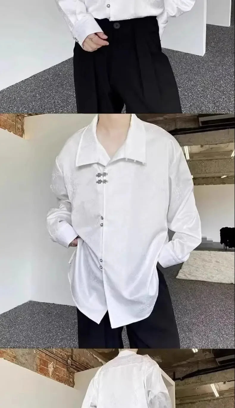 Style National Style Satin Irregular Dark Pattern Stand Collar Trendy Retro Metal Plate Button Long-sleeved Shirt for Men Women