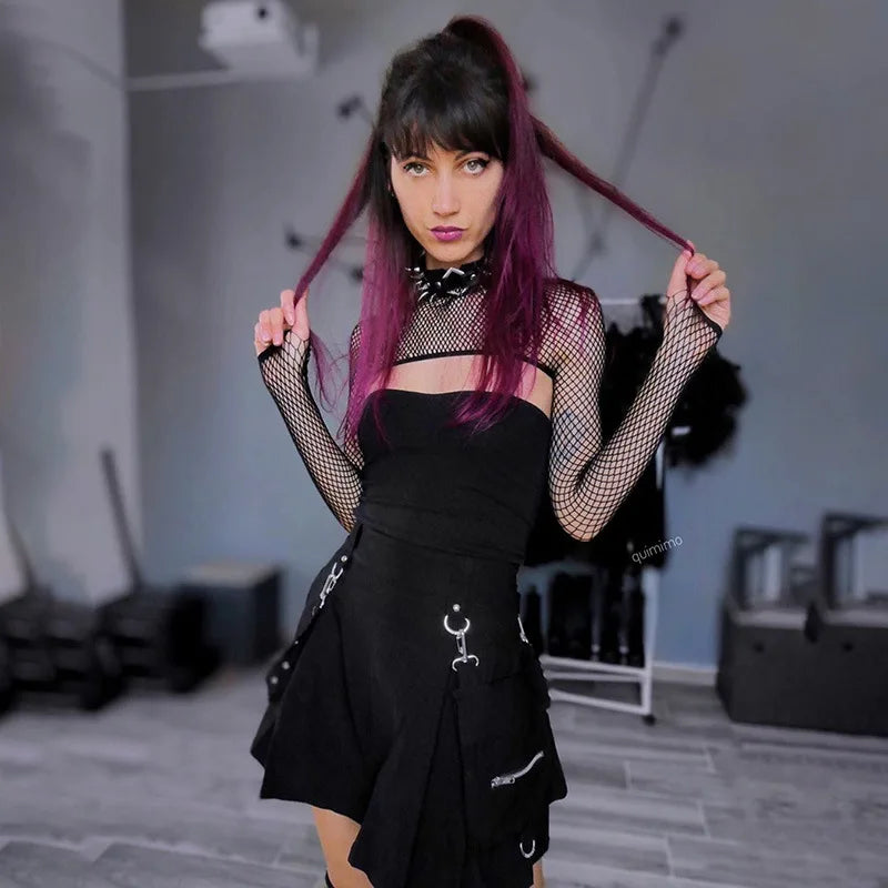 Harajuku Gothic Pocket Skirt Women 2023 Summer New A Line Sexy High Waist Preppy Streetwear Slim Split Female Goth Clothing