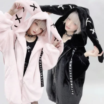 Japanese Harajuku Rabbit Ears Fur Purple Coat for women 2023 Winter New Women's Dark Punk Mid-Length Zipper Plush Coats Street