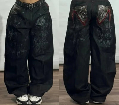 Harajuku Vintage Hip-hop Pop Letters Embroidered Washed Baggy Jeans Ladies Y2K Gothic Fashion Casual High Waist Wide Leg Pants