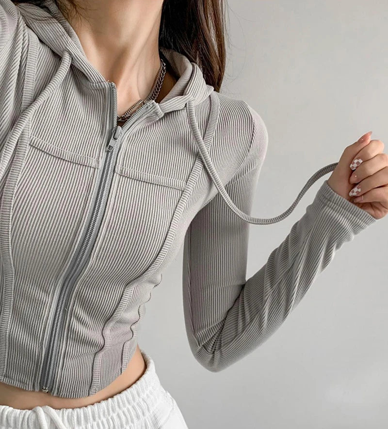 Apex Ritual – Thin Hooded Cardigan Women – Korean Vintage Slim Summer Striped Zipper Crop Top