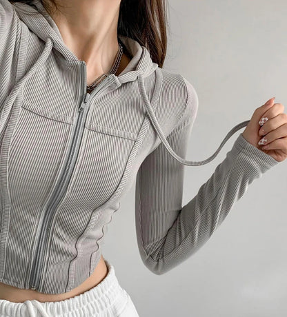 Apex Ritual – Thin Hooded Cardigan Women – Korean Vintage Slim Summer Striped Zipper Crop Top