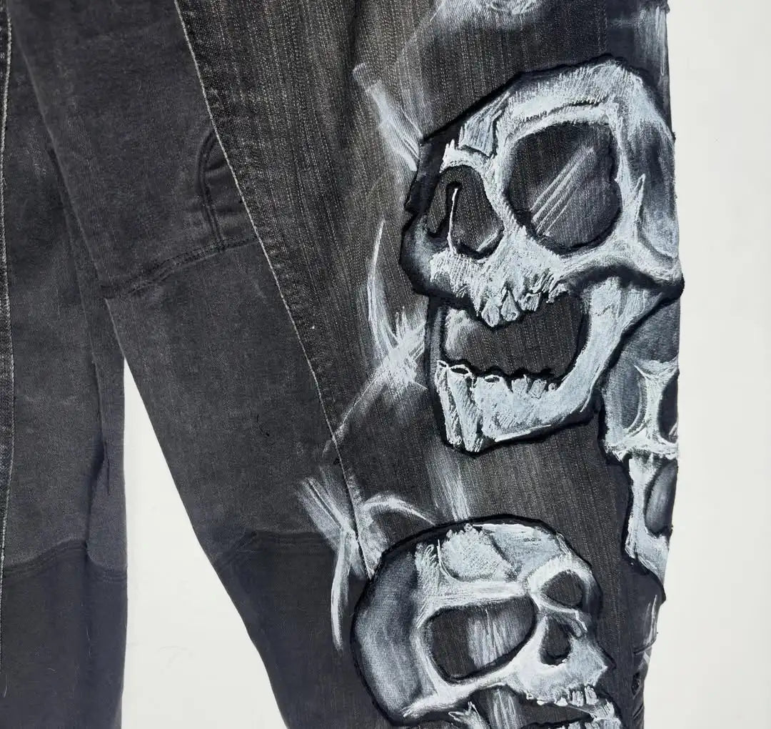 Ripped Baggy Jeans Cotton Patch Dyed Skull Pattern Y2k Mens Jeans Goth Punk Wide Leg Casual Pants Hip Hop Trousers Men Clothing