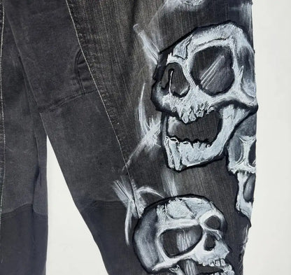 Ripped Baggy Jeans Cotton Patch Dyed Skull Pattern Y2k Mens Jeans Goth Punk Wide Leg Casual Pants Hip Hop Trousers Men Clothing