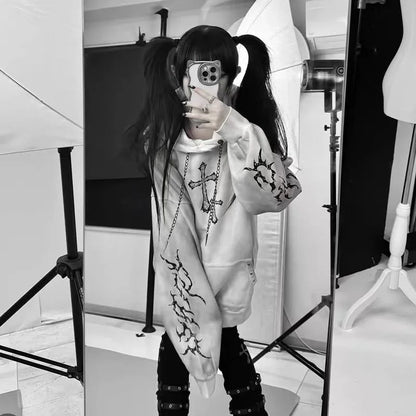 Kimutomo Hoodies Women Autumn Winter Fashion Y2k Aesthetic Harajuku Grunge Gothic Cross Printed Loose Sweatshirts Female