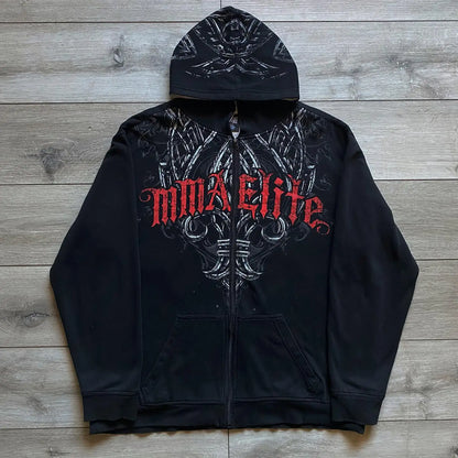 Apex Ritual – Vintage Y2K Skull Print Zip-Up Hoodie – Oversized Hip Hop Pullover Unisex