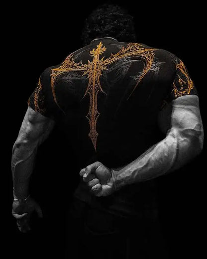 New Summer GYM T-shirt Men's Gothic Print Muscle Tee High Elasticity And Quick Drying Exercise For Bodybuilding Training T-shirt
