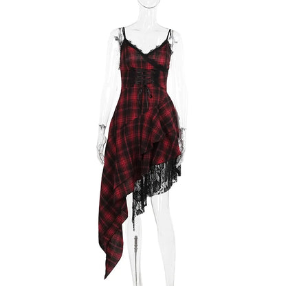 Women's Plaid Lace Spaghetti-Strap Midi Dress