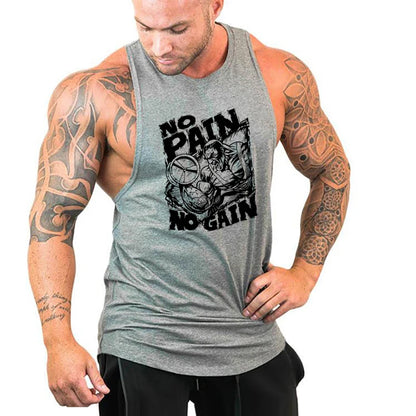 NO PAIN NO GAIN Men Running Vests Summer Cotton Gym Fitness Tank Tops Bodybuilding Training Exercise Clothing Muscle Singlets