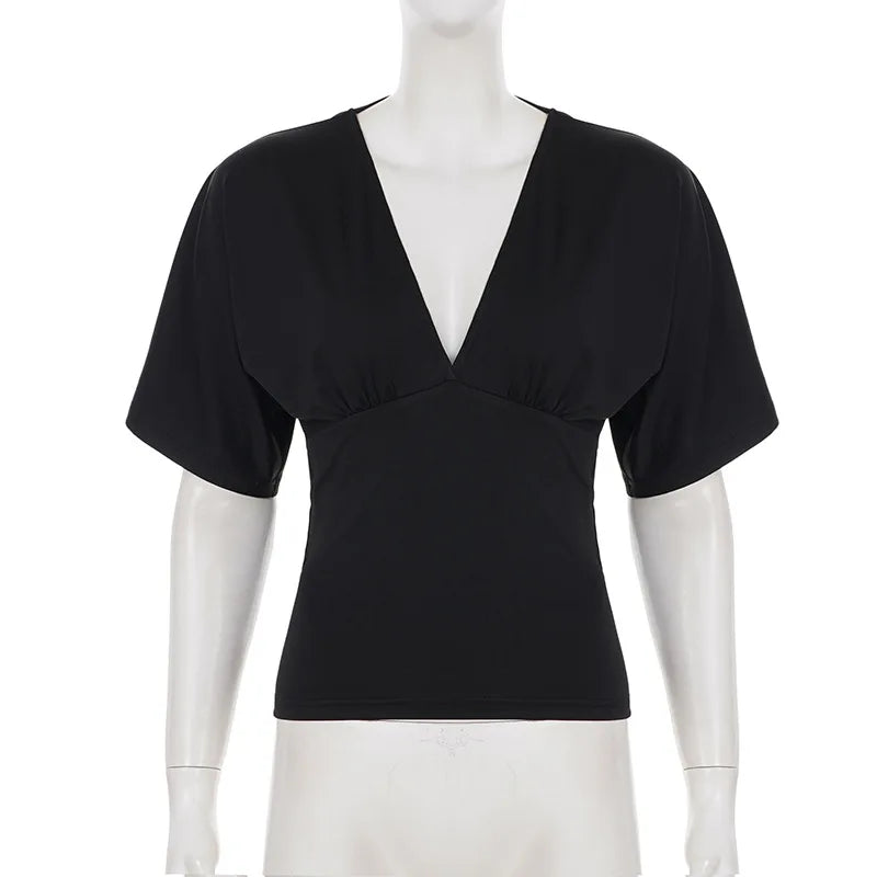 Sexy Deep V Neck Lace Spliced Tie Waist Slim Half Sleeve Crop Tee For Women