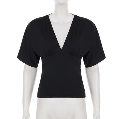 Sexy Deep V Neck Lace Spliced Tie Waist Slim Half Sleeve Crop Tee For Women