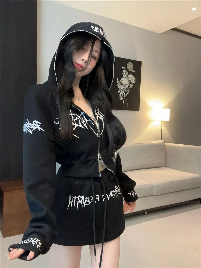 Dark Style Short Letter Sweatshirt And  Skirt Set for Women Trendy Streetwear Autumn Collection Long Sleeve Casual Sports...