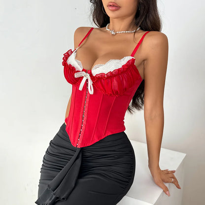 SSexy V Neck Y2K Crop Tops Lace Patchwork Pleated Bowknot Corset Top Sexy Backless Slim Camisole Body Shape Fishbone Bustier