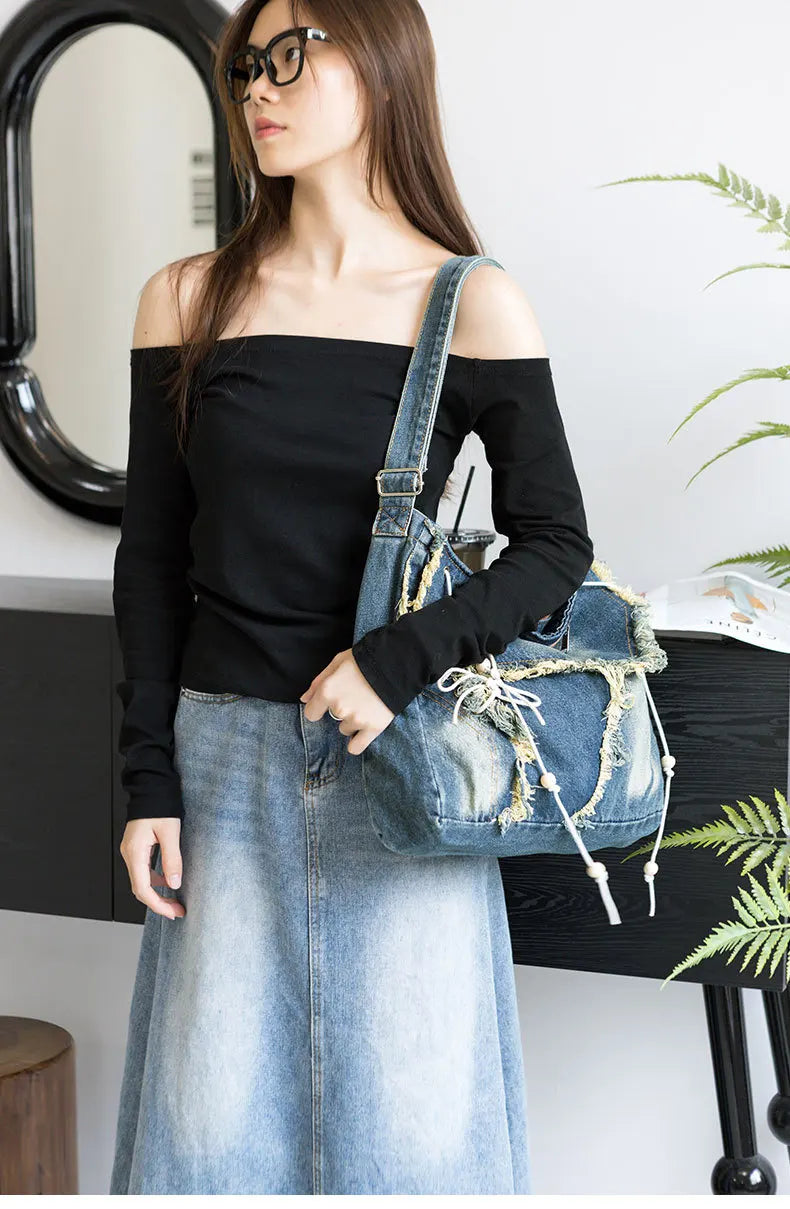 Y2K Korean Harajuku Gothic Hobo Denim Bag Aesthetic Vintage Purses WomenHandbag Crossbody Messenger Tote Peddler Shoulder Bags