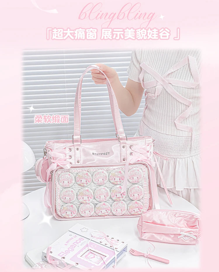 Japanese New Girls Silver Shoulder Bag Large Capacity Ribbon Itabag Student Women's Satin Messenger Bag Leather Backpacks