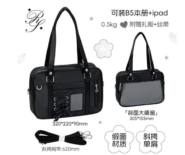 Japanese New Girls Silver Shoulder Bag Large Capacity Ribbon Itabag Student Women's Satin Messenger Bag Leather Backpacks
