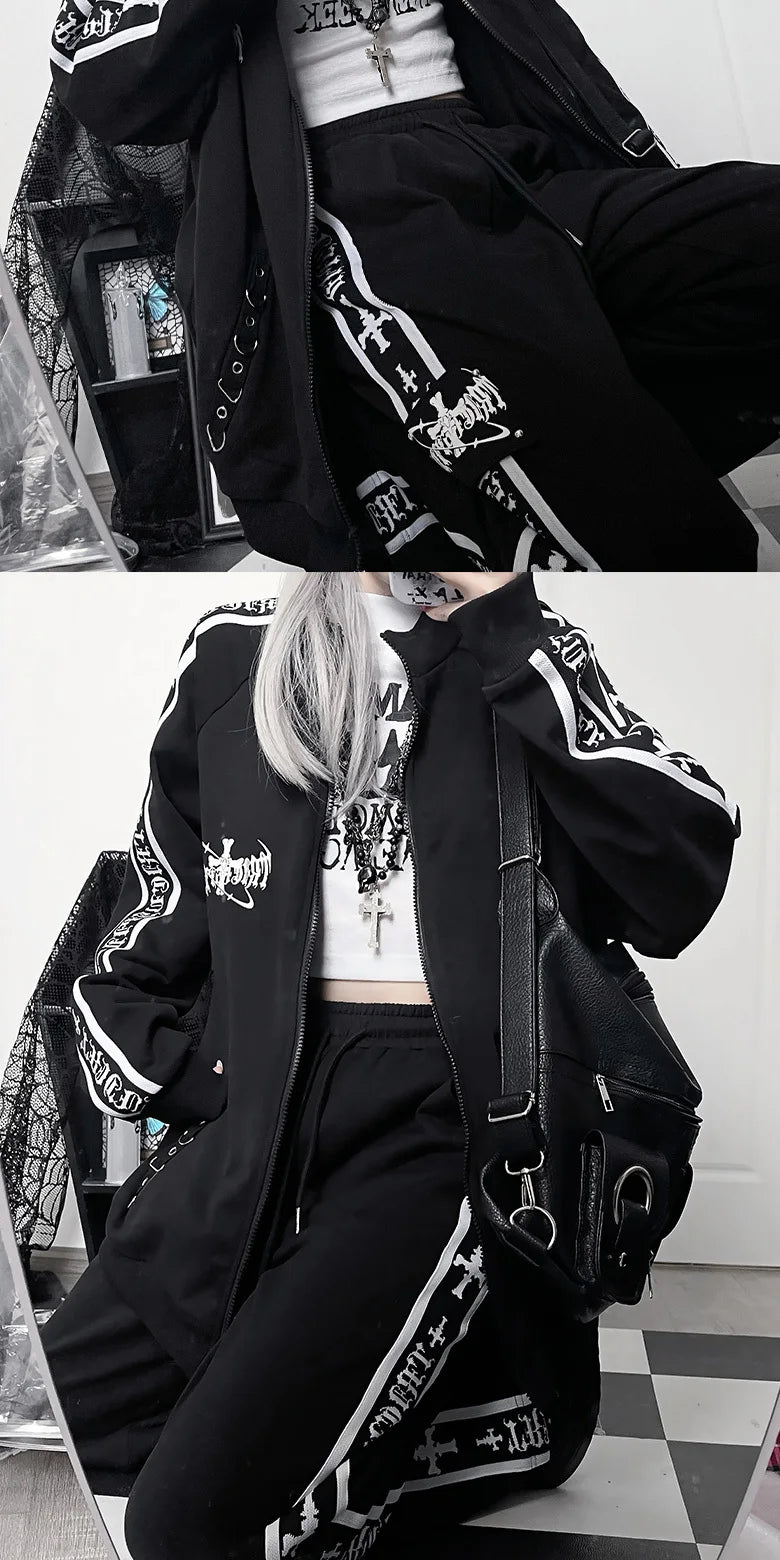 Original Printed Subculture Dark Loose Tracksuit Top and Pants Set Women's Outfits Oversized Stand Collar Zipper Sweatshirts