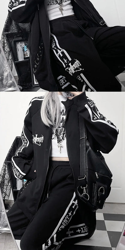Original Printed Subculture Dark Loose Tracksuit Top and Pants Set Women's Outfits Oversized Stand Collar Zipper Sweatshirts