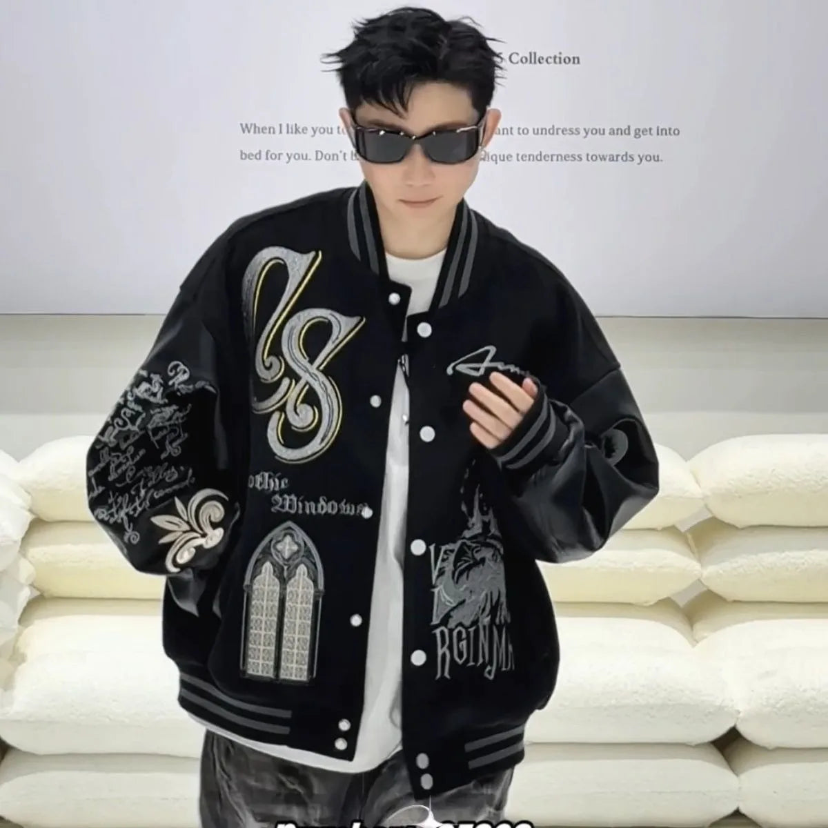 Embroidery bomber Jacket Men Splicing PU Leather Sleeves Spring Autumn Streewear varsity Jacket Baseball Coats Men Clothing