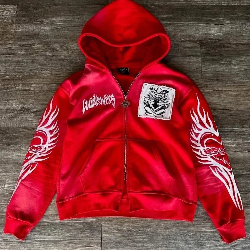New Gothic geometric print red gradient zipper hoodie women fashion high street fur collar loose sweatshirt for men and women