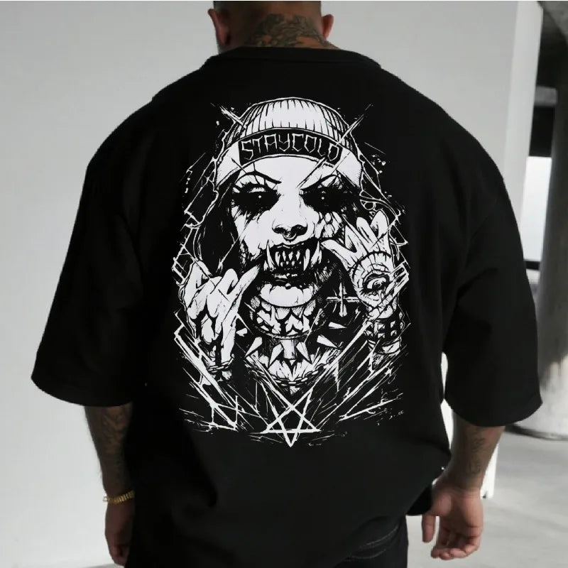 Apex Ritual – スカルモンスター バックプリントTシャツ – オーバーサイズ コットン クルーネック ストリートウェアTシャツ
