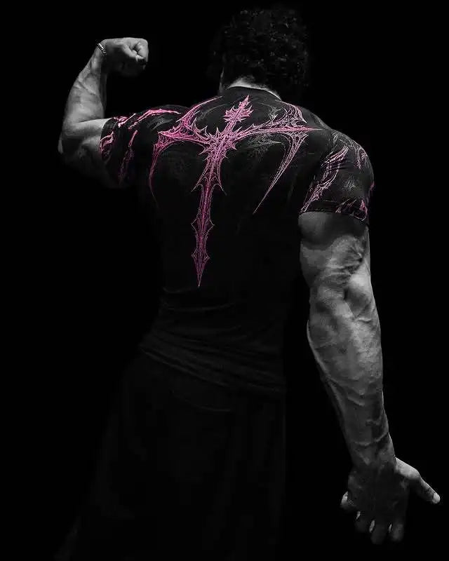 New Summer GYM T-shirt Men's Gothic Print Muscle Tee High Elasticity And Quick Drying Exercise For Bodybuilding Training T-shirt