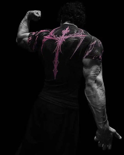 New Summer GYM T-shirt Men's Gothic Print Muscle Tee High Elasticity And Quick Drying Exercise For Bodybuilding Training T-shirt