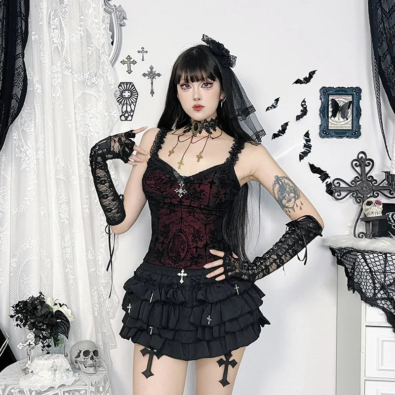 Mall Gothic Spaghetti Strap Tanks Top Hot Sexy V-neck Lace Patchwork Camisole Basic Slim Vests Summer Techwear Women