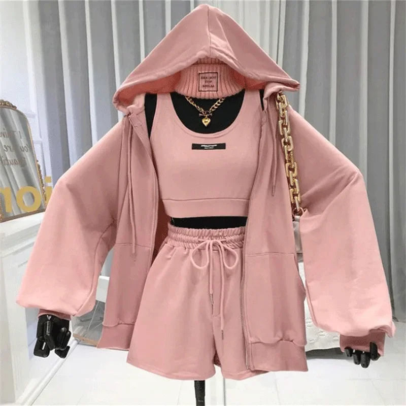 Shorts Three 3 Piece Sets Women Casual Vest Drawstring Short Hooded Zipper - APEX RITUAL women's hoodies & sweatshirts