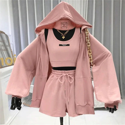 Shorts Three 3 Piece Sets Women Casual Vest Drawstring Short Hooded Zipper - APEX RITUAL women's hoodies & sweatshirts