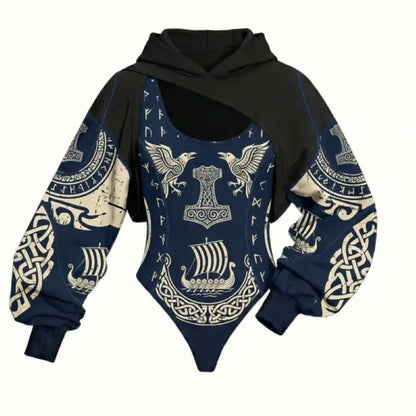 Viking Print Women's Hooded Jumpsuit Two-Piece Set Casual Loose Long Sleeve for Daily Home Lounge & Streetwear