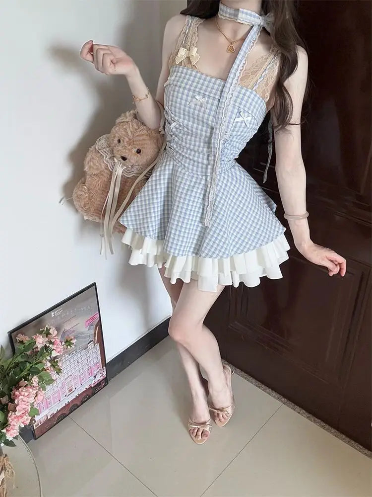 Women's Blue Plaid Bow Strapless Mini Dress