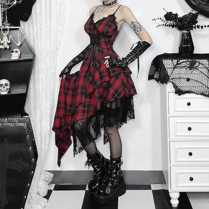 Women's Plaid Lace Spaghetti-Strap Midi Dress
