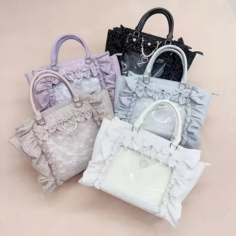 Japanese Style Mine Bags Women Ruffled Lace Lolita Girls Rhienstone Pearl Bowknot Square Tote Shoulder Portable Bolso Handbags