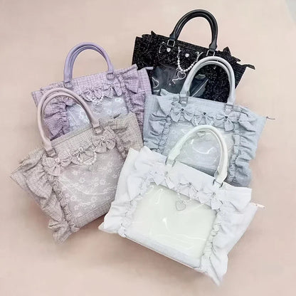 Japanese Style Mine Bags Women Ruffled Lace Lolita Girls Rhienstone Pearl Bowknot Square Tote Shoulder Portable Bolso Handbags
