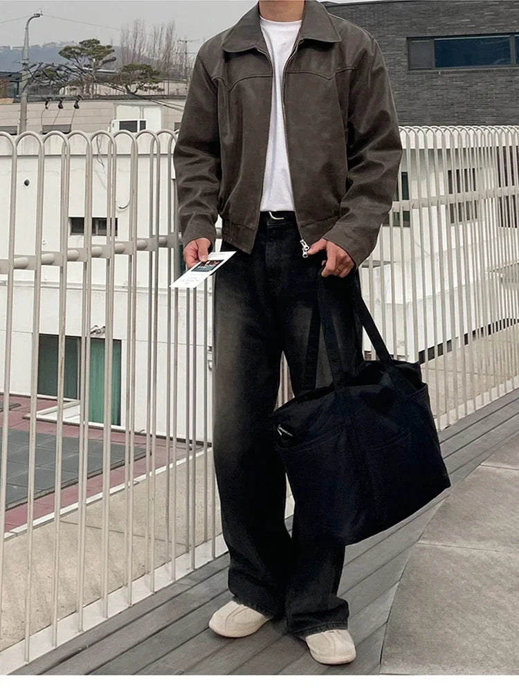 Spring Autumn Vintage Lightweight Distressed Washed Brown Pu Leather Jacket Men Zipper Casual Korean Fashion Clothes