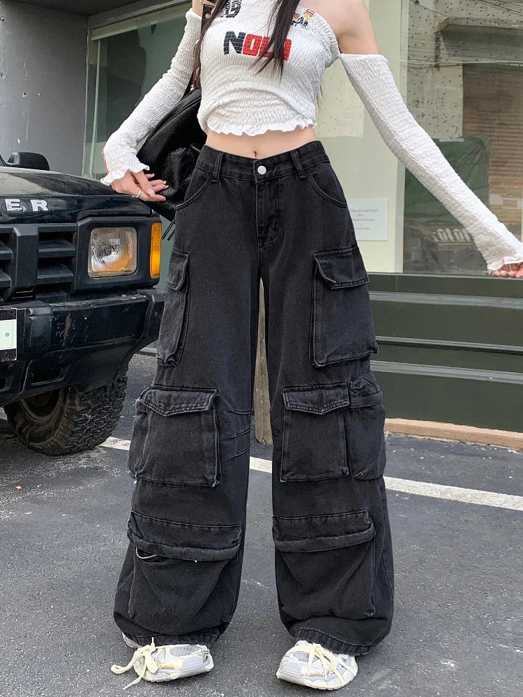 Trashy Y2K 2000S Streetwear Washed Black Baggy Jeans Cargo Pants For Women Clothes Multi Pockets Wide Leg Gothic Lady Trousers