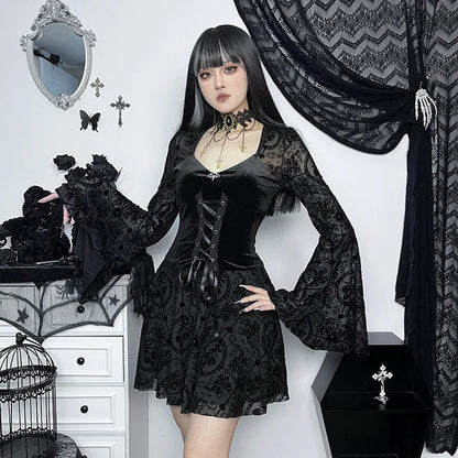 Goth Dark Elegant Vintage Mall Gothic Velvet Dresses Grunge Punk Style Flocked Bandage Dress Women Flare Sleeve Party Alt Outfit