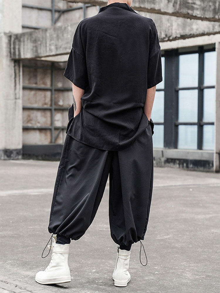 Japanese Stylish Retro Harajuku Button Blouses Men's Five-point Sleeve Small Stand Collar Loose Large Size Korean Shirt