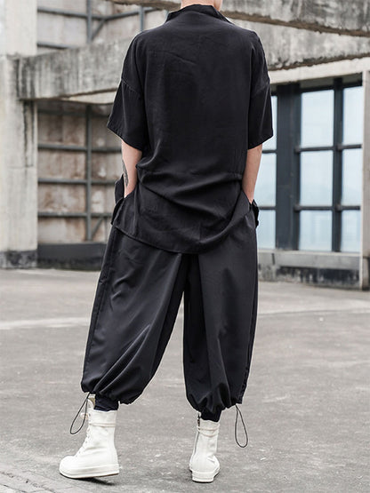 Japanese Stylish Retro Harajuku Button Blouses Men's Five-point Sleeve Small Stand Collar Loose Large Size Korean Shirt