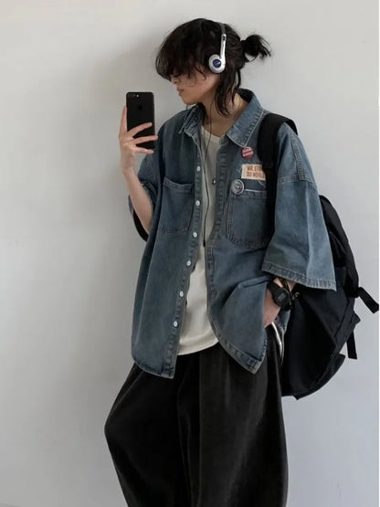 Harajuku Tooling Mens Sets 2024 Summer American Street Retro Denim Suit Hip Hop Printed Cowboy Shirt+Wide Leg Jeans 2-pcs New