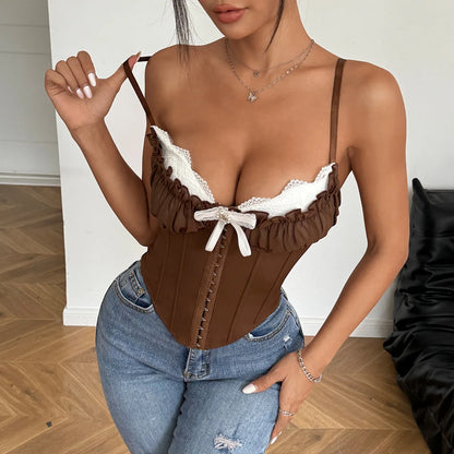 SSexy V Neck Y2K Crop Tops Lace Patchwork Pleated Bowknot Corset Top Sexy Backless Slim Camisole Body Shape Fishbone Bustier
