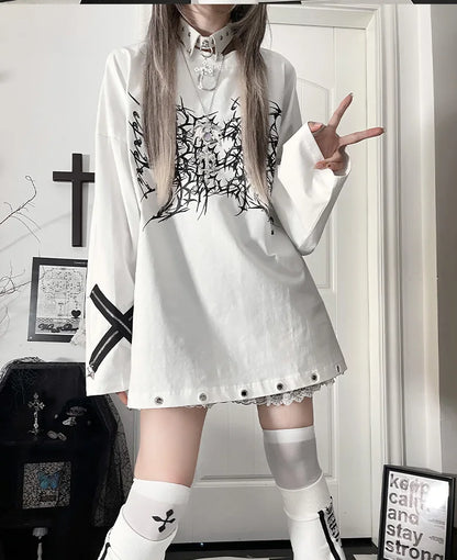 Original Print Subculture Dark Loose Long Sleeve Pure Cotton T-Shirt Japanese Punk Gothic Long Sleeve Round Neck Cool Girl Top