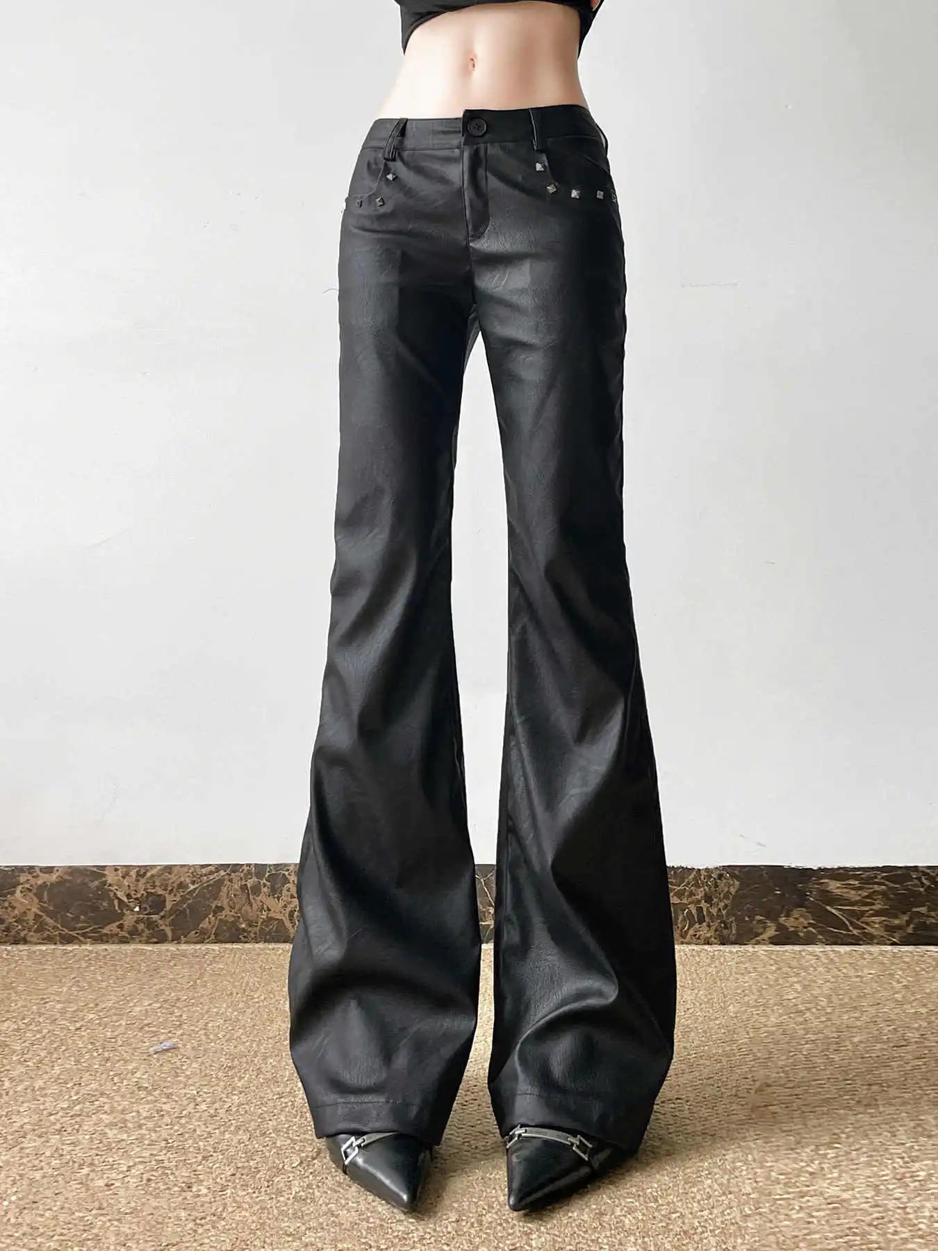 2025 Autumn Winter Women's PU Pants Low Rise Goblin Core Faux Leather Trousers Bell Bottom Gothic Japanese Y2k Stretch 2000s New
